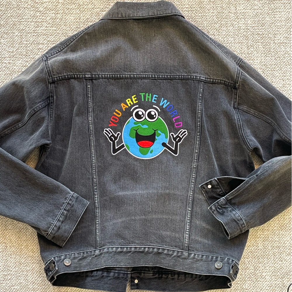 Authentic BALENCIAGA black denim jacket with rainbow earth embroidered